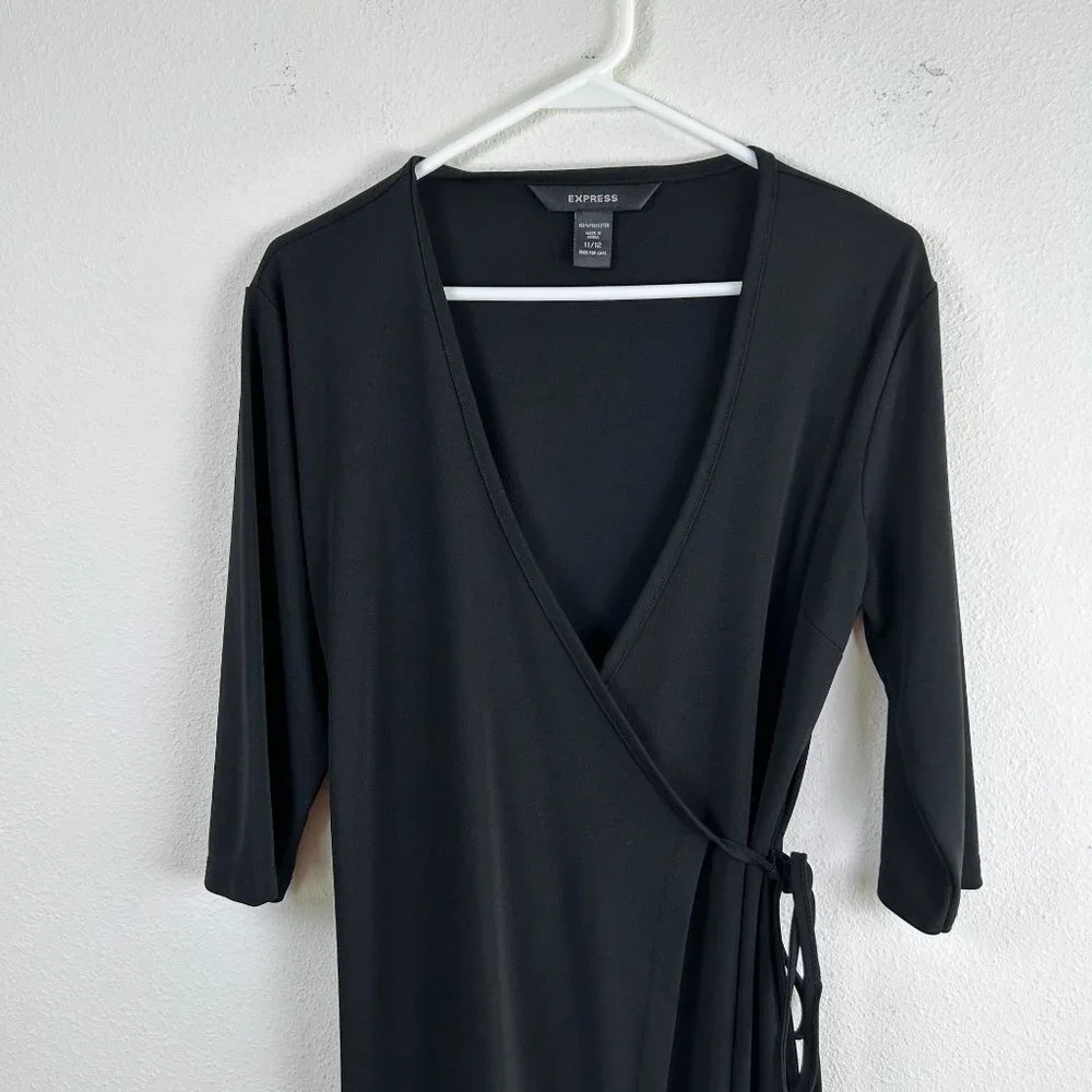 Express  Wrap Dress Womens  Size 11 12 Black Knee Length 3/4 Sleeve Classic - Picture 3 of 8